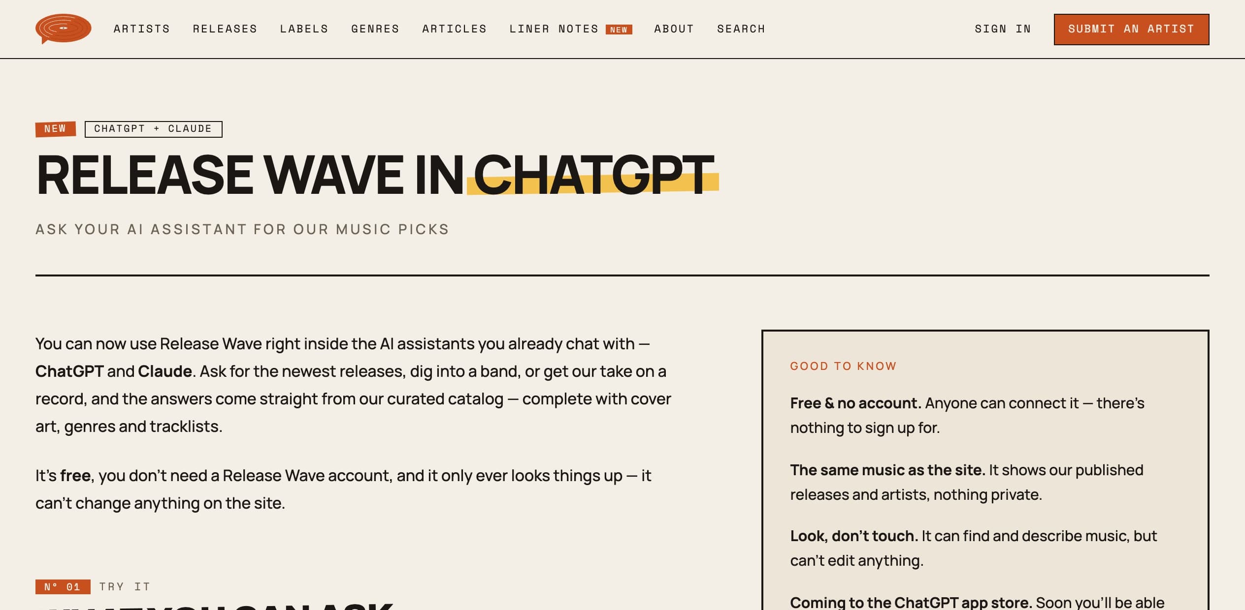 The Release Wave in ChatGPT page, explaining that it's free, needs no account, and can only look things up