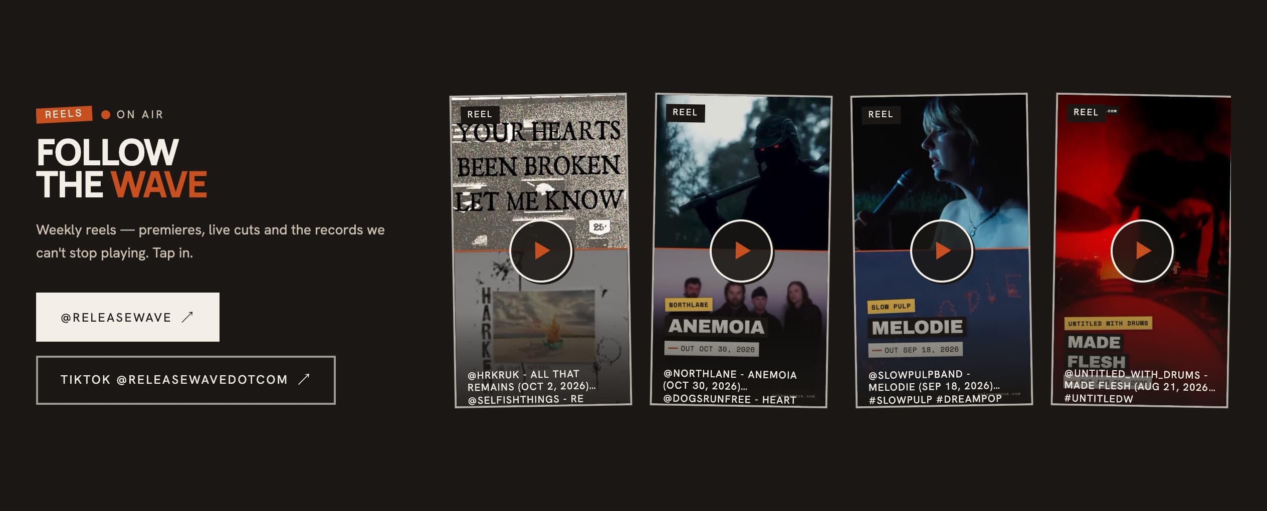 The On Air band on the homepage: a Follow the Wave heading, Instagram and TikTok buttons, and four reel covers with play buttons