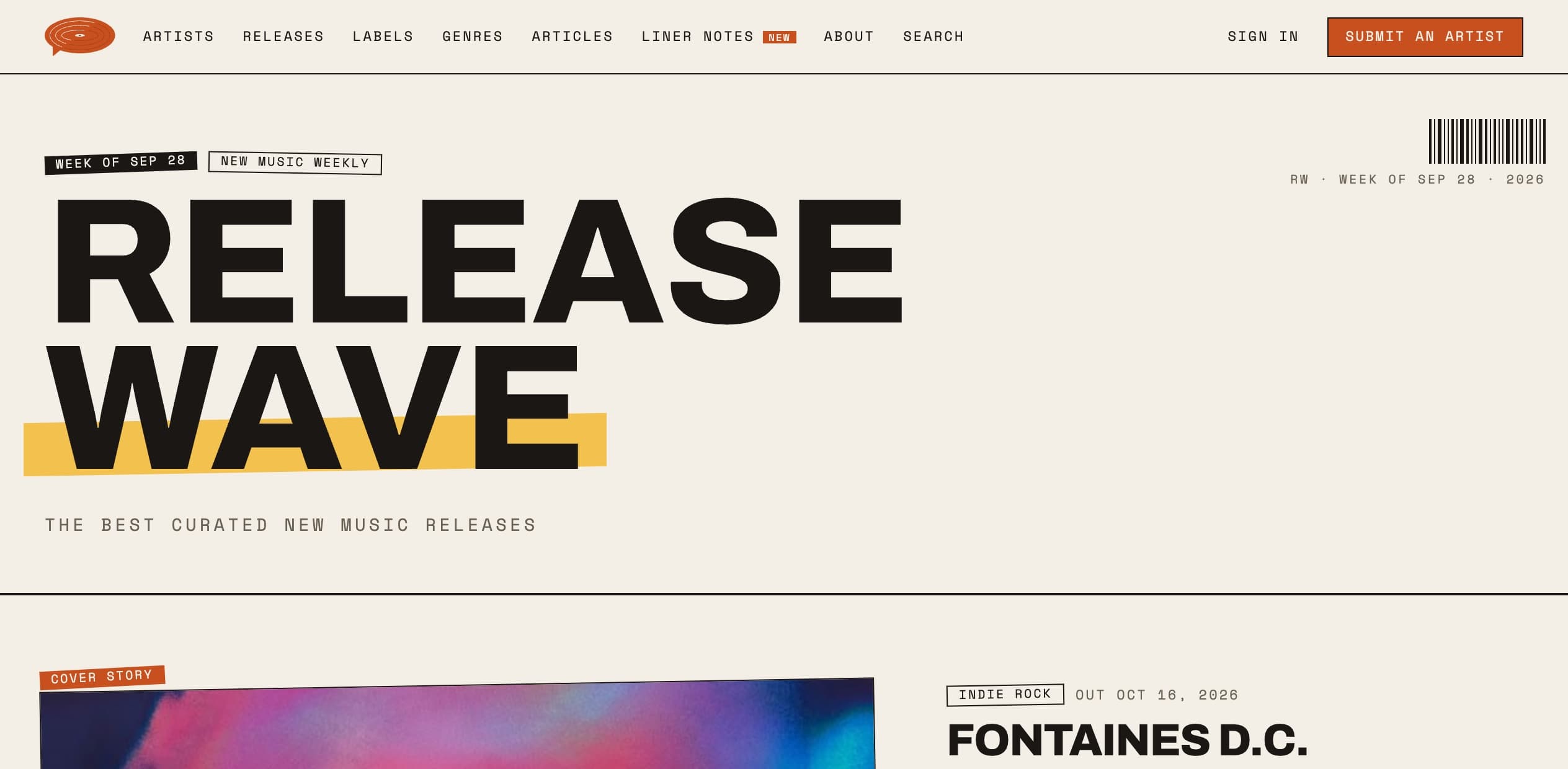 The redesigned Release Wave homepage with a big Release Wave masthead, the week's date and the Cover Story underneath