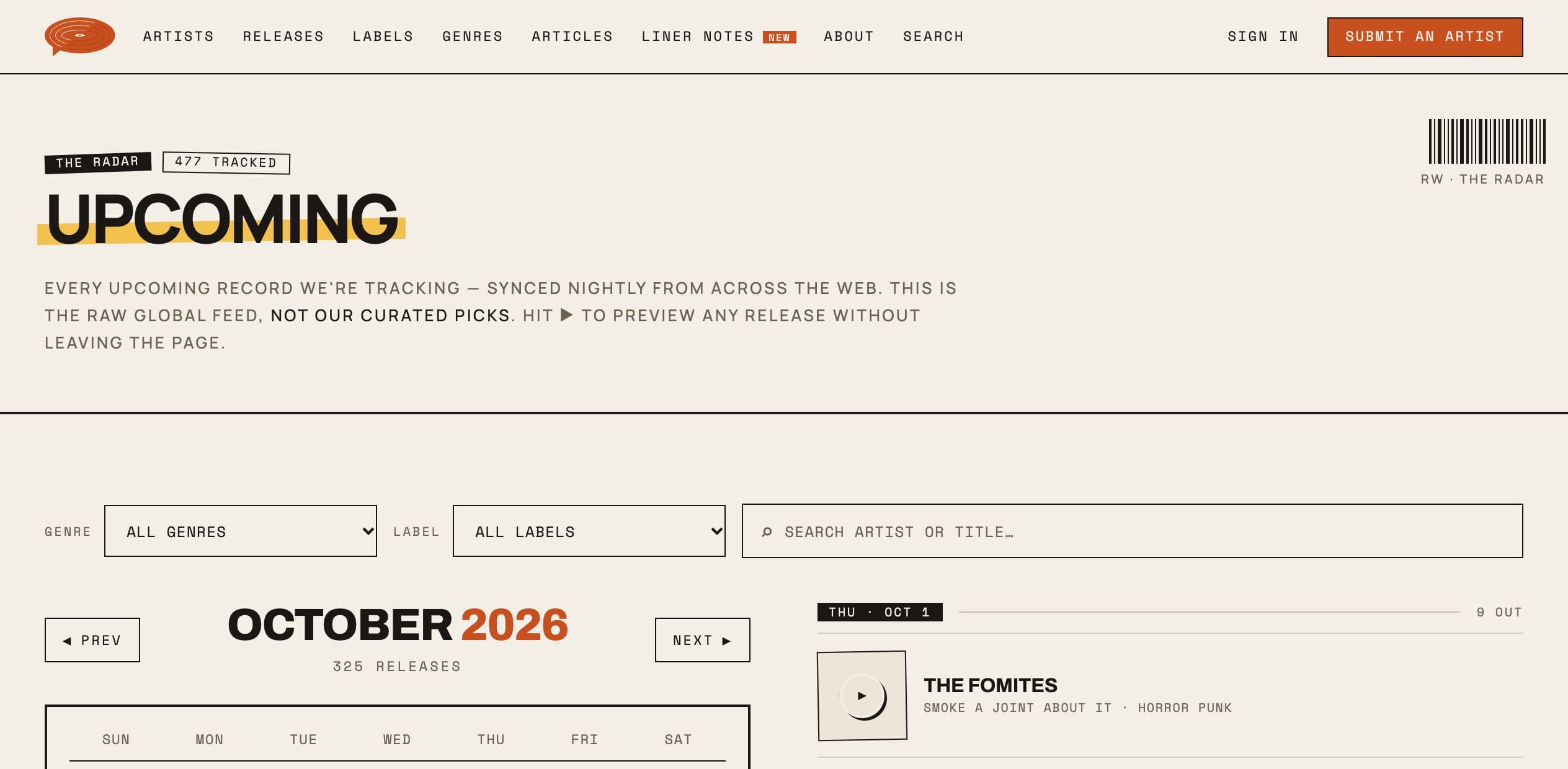 The Upcoming page: 477 records tracked, genre and label filters, and an October 2026 calendar with 325 releases